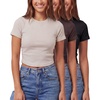 image:image3 Pack Womens Cropped Cotton Tshirts Ribbed Cap Sleeve Tees Going Out TopsSolid Black  Solid Chocolate Torte  Solid Moonbeam