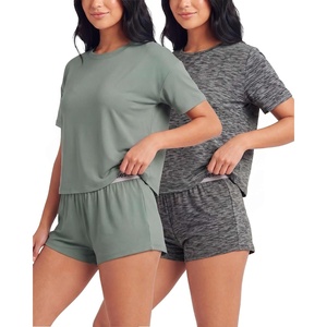 image:image2 Pack Womens Pajama Sets 2 Piece Boxy Tee Sleep Shorts PJs Sleepwear CuteCharcoal Heather  Solid Iceberg Green