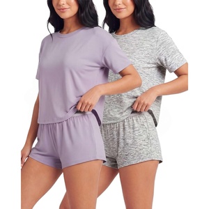 image:image2 Pack Womens Pajama Sets 2 Piece Boxy Tee Sleep Shorts PJs Sleepwear CuteGrey Heather  Solid Orchid Petal