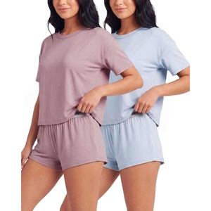 image:image2 Pack Womens Pajama Sets 2 Piece Boxy Tee Sleep Shorts PJs Sleepwear CuteSolid Ballad Blue  Solid Pale Lilac