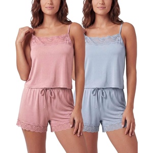 image:image2 Pack Womens Pajama Sets 2 Piece Lace Trim Cami Tank Shorts Sleepwear PJsSolid Ballad Blue  Solid Pale Lilac