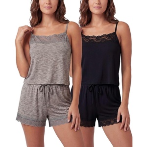image:image2 Pack Womens Pajama Sets 2 Piece Lace Trim Cami Tank Shorts Sleepwear PJsSolid Black  Charcoal Heather