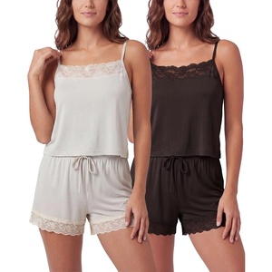 image:image2 Pack Womens Pajama Sets 2 Piece Lace Trim Cami Tank Shorts Sleepwear PJsSolid Chocolate Torte  Solid Moonbeam