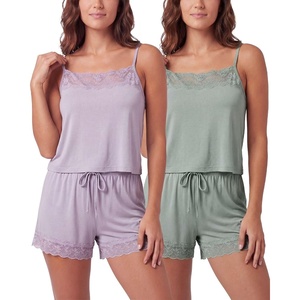 image:image2 Pack Womens Pajama Sets 2 Piece Lace Trim Cami Tank Shorts Sleepwear PJsSolid Iceberg Green  Solid Orchid Petal