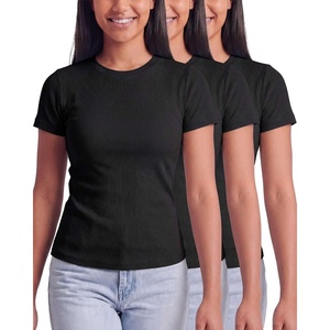 image:image3 Pack Womens Cotton Ribbed Tshirts Short Sleeve Crew Neck Tees Basic TopsSolid Black  Solid Black  Solid Black