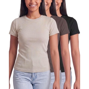 image:image3 Pack Womens Cotton Ribbed Tshirts Short Sleeve Crew Neck Tees Basic TopsSolid Black  Solid Chocolate Torte  Solid Moonbeam