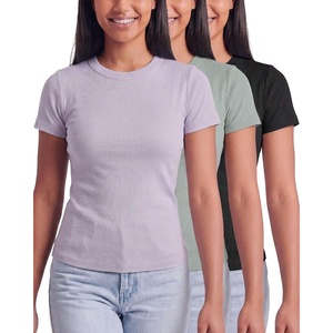 image:image3 Pack Womens Cotton Ribbed Tshirts Short Sleeve Crew Neck Tees Basic TopsSolid Black  Solid Iceberg Green  Solid Orchid Petal
