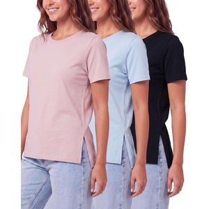 image:image3 Pack Womens Cotton Tshirts Split Hem Short Sleeve Crew Neck Tees TopsSolid Black  Solid Ballad Blue  Solid Pale Lilac