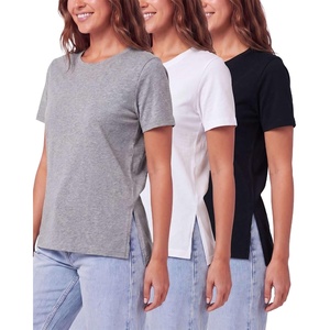 image:image3 Pack Womens Cotton Tshirts Split Hem Short Sleeve Crew Neck Tees TopsSolid Black  Solid Bright White  Grey Heather