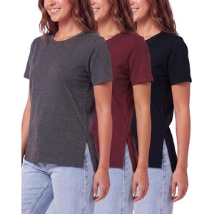 image:image3 Pack Womens Cotton Tshirts Split Hem Short Sleeve Crew Neck Tees TopsSolid Black  Solid Burgundy  Charcoal Heather