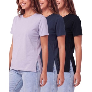 image:image3 Pack Womens Cotton Tshirts Split Hem Short Sleeve Crew Neck Tees TopsSolid Black  Solid Navy Blazer  Solid Orchid Petal