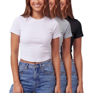 image:image3 Pack Womens Cropped Cotton Tshirts Ribbed Cap Sleeve Tees Going Out TopsSolid Black  Grey Heather  Solid Bright White