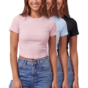 image:image3 Pack Womens Cropped Cotton Tshirts Ribbed Cap Sleeve Tees Going Out TopsSolid Black  Solid Ballad Blue  Solid Pale Lilac