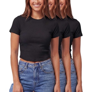 image:image3 Pack Womens Cropped Cotton Tshirts Ribbed Cap Sleeve Tees Going Out TopsSolid Black  Solid Black  Solid Black