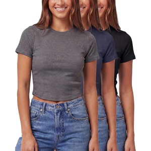 image:image3 Pack Womens Cropped Cotton Tshirts Ribbed Cap Sleeve Tees Going Out TopsSolid Black  Solid Navy Blazer  Charcoal Heather