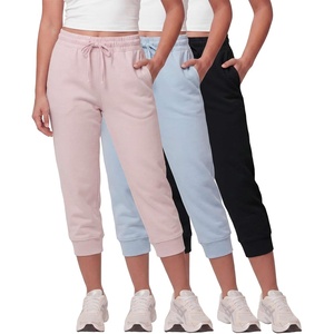 image:image3 Pack Womens Fleece Capri Joggers Cropped Sweatpants Lounge with PocketsSolid Black  Solid Ballad Blue  Solid Pale Lilac