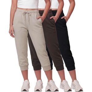 image:image3 Pack Womens Fleece Capri Joggers Cropped Sweatpants Lounge with PocketsSolid Black  Solid Chocolate Torte  Solid Moonbeam