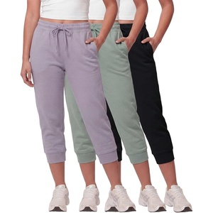 image:image3 Pack Womens Fleece Capri Joggers Cropped Sweatpants Lounge with PocketsSolid Black  Solid Iceberg Green  Solid Orchid Petal