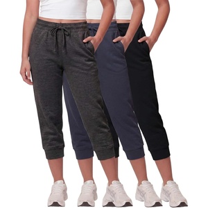 image:image3 Pack Womens Fleece Capri Joggers Cropped Sweatpants Lounge with PocketsSolid Black  Solid Navy Blazer  Charcoal Heather