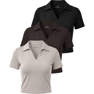 image:image3 Pack Womens Golf Polo Shirts V Neck Short Sleeve Dry Fit Collared TopsSolid Black  Solid Chocolate Torte  Solid Moonbeam