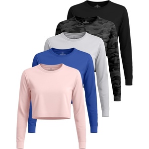 image:image5 Pack Womens Dry Fit Long Sleeve Crop Tops Workout Athletic Crew Neck TeeSet 3