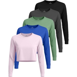 image:image5 Pack Womens Dry Fit Long Sleeve Crop Tops Workout Athletic Crew Neck TeeSet 4