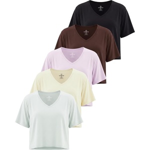 image:image5 Pack Womens V Neck Crop Tops Short Sleeve Athletic Workout Gym T ShirtsSet 3