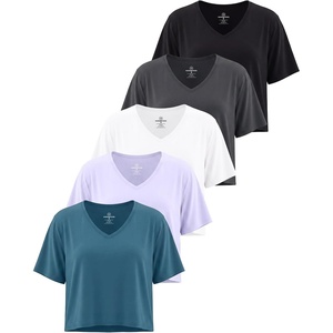 image:image5 Pack Womens V Neck Crop Tops Short Sleeve Athletic Workout Gym T ShirtsSet 4