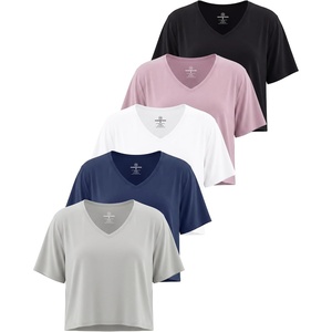 image:image5 Pack Womens V Neck Crop Tops Short Sleeve Athletic Workout Gym T ShirtsSet 9