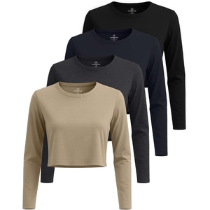 image:image4 Pack Womens Cotton Crop Tops Long Sleeve Cropped Tshirts Crew Neck TeesSet 1