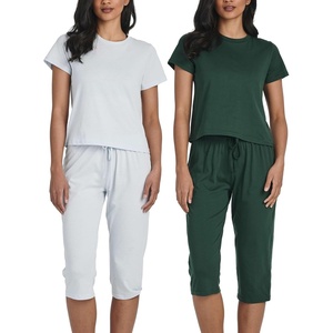 image:image2 Pack Womens Pajama Sets 2 Piece Cotton Crew Tee Capri Pants Sleepwear PJSet 2