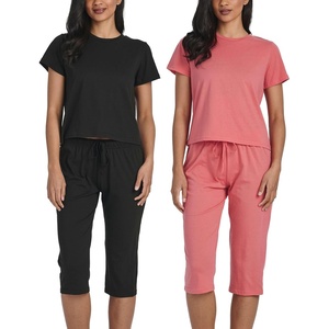 image:image2 Pack Womens Pajama Sets 2 Piece Cotton Crew Tee Capri Pants Sleepwear PJSet 5