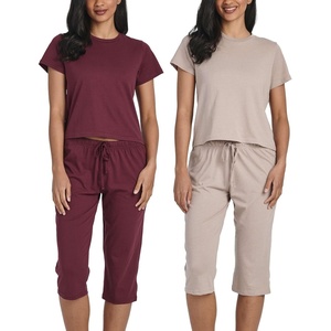image:image2 Pack Womens Pajama Sets 2 Piece Cotton Crew Tee Capri Pants Sleepwear PJSet 7