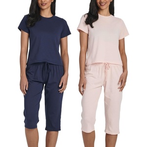 image:image2 Pack Womens Pajama Sets 2 Piece Cotton Crew Tee Capri Pants Sleepwear PJSet 8
