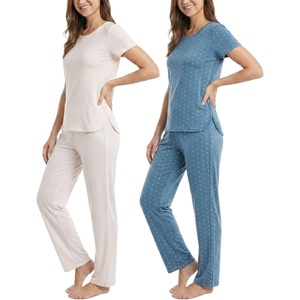 image:image2 Pack Womens Pajama Sets 2 Piece Crew Neck Tee Open Bottom Pants LoungeFestival Bloom Hearts  Magano Calcite Stripe