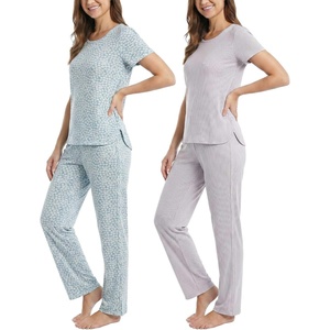 image:image2 Pack Womens Pajama Sets 2 Piece Crew Neck Tee Open Bottom Pants LoungeSoft Chambray Flowers  Orchid Petal Stripe