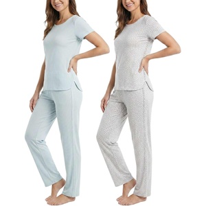 image:image2 Pack Womens Pajama Sets 2 Piece Crew Neck Tee Open Bottom Pants LoungeVapor Blue Dots  Clear Sky Stripe