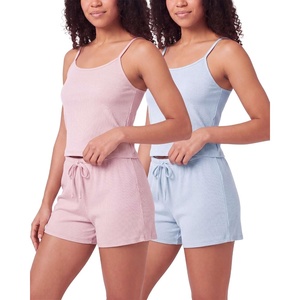 image:image2 Pack Womens Pajama Sets 2 Piece Ribbed Cropped Cami Shorts Sleepwear PJsSolid Ballad Blue  Solid Pale Lilac