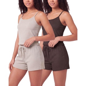 image:image2 Pack Womens Pajama Sets 2 Piece Ribbed Cropped Cami Shorts Sleepwear PJsSolid Chocolate Torte  Solid Moonbeam