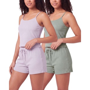image:image2 Pack Womens Pajama Sets 2 Piece Ribbed Cropped Cami Shorts Sleepwear PJsSolid Iceberg Green  Solid Orchid Petal