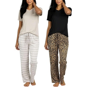 image:image2 Pack Womens Pajama Sets Short Sleeve Sleepwear Comfy Cute Loungewear PJSet H Black  Beige