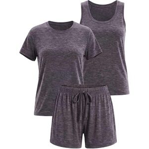 image:image3 Pack Womens Pajama Sets 3 Piece Crew Tee Tank Top Sleep Shorts SleepwearCharcoal Heather