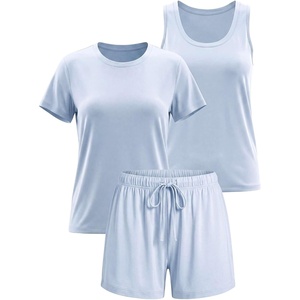 image:image3 Pack Womens Pajama Sets 3 Piece Crew Tee Tank Top Sleep Shorts SleepwearSolid Ballad Blue