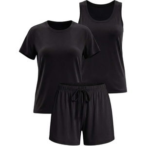 image:image3 Pack Womens Pajama Sets 3 Piece Crew Tee Tank Top Sleep Shorts SleepwearSolid Black