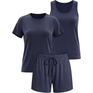 image:image3 Pack Womens Pajama Sets 3 Piece Crew Tee Tank Top Sleep Shorts SleepwearSolid Navy Blazer