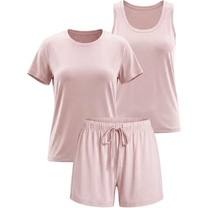image:image3 Pack Womens Pajama Sets 3 Piece Crew Tee Tank Top Sleep Shorts SleepwearSolid Pale Lilac