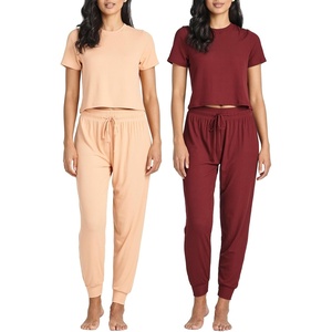 image:image2 Pack Womens Pajama Sets 2 Piece Ribbed Crop Top Joggers Lounge Sets PJsWith Jogger Set 1