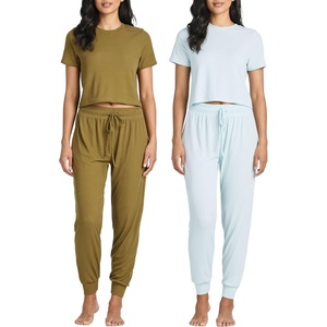 image:image2 Pack Womens Pajama Sets 2 Piece Ribbed Crop Top Joggers Lounge Sets PJsWith Jogger Set 2