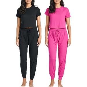 image:image2 Pack Womens Pajama Sets 2 Piece Ribbed Crop Top Joggers Lounge Sets PJsWith Jogger Set 5