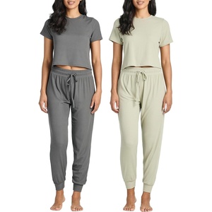 image:image2 Pack Womens Pajama Sets 2 Piece Ribbed Crop Top Joggers Lounge Sets PJsWith Jogger Set 6